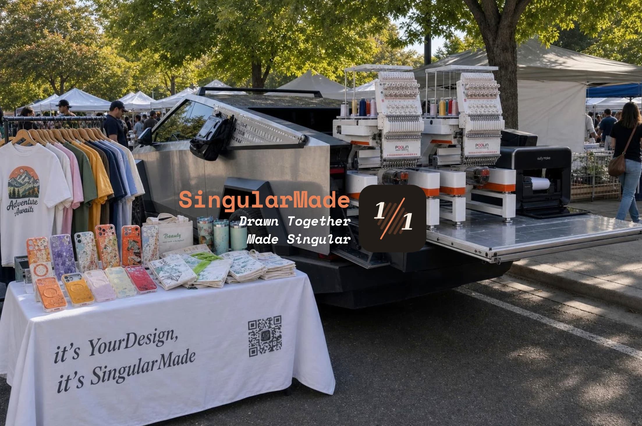 SingularMade live embroidery booth running out of the Cybertruck at a market