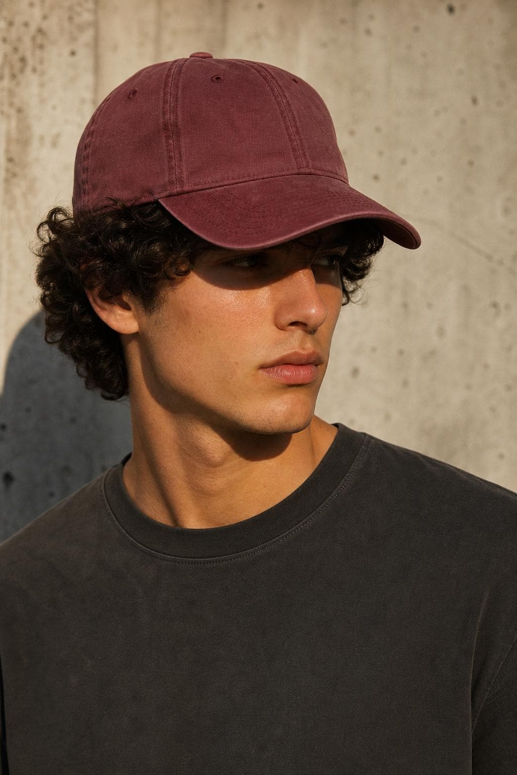 Washed cotton dad cap with custom design, front on model