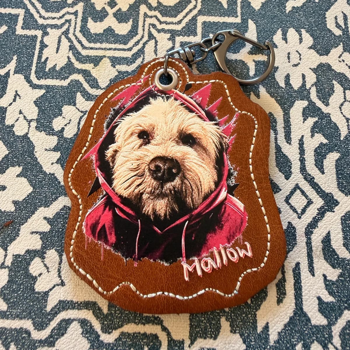 Stitched leather charm tag with custom printed pet art