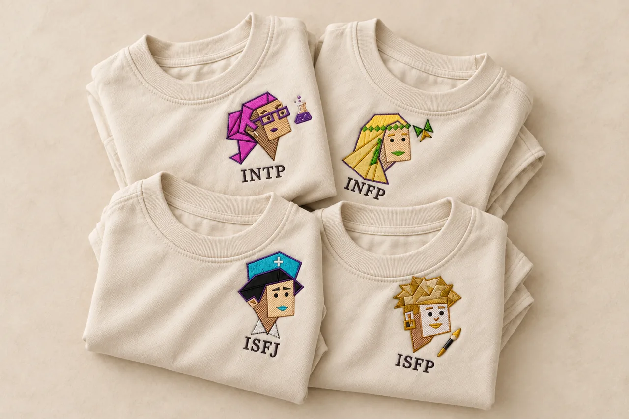 Four cream T-shirts together with INTP, INFP, ISFJ and ISFP chest embroidery